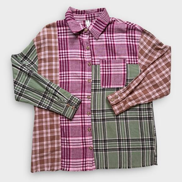 BP NEW RETRO 90S COTTON PLAID PATCHWORK FLANNEL PINK GREEN MEDIUM - Picture 2 of 9